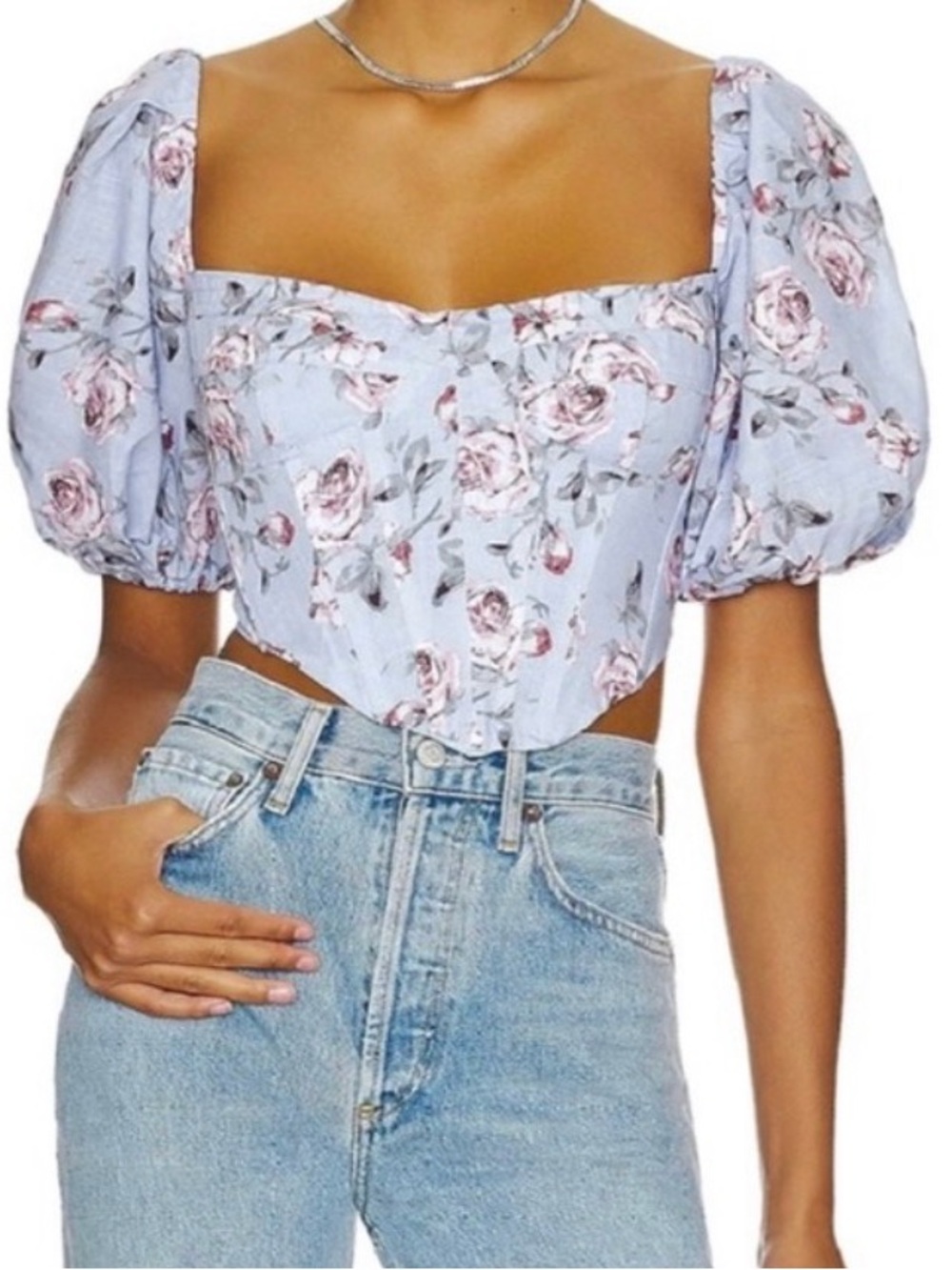 Bardot Kiah Corset Top Rose Floral Puff Sleeve US 2 XS NWOT